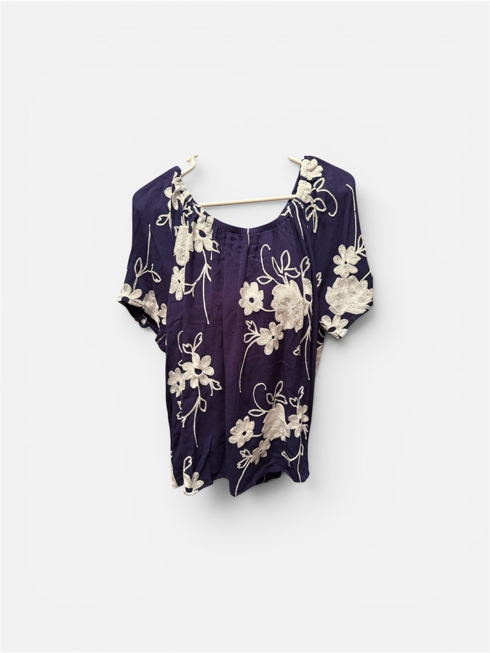 Embroidered Floral Short Sleeve Top - Navy with Cream Accents